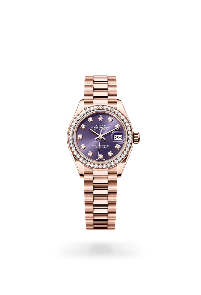 Lady-Datejust, Oyster, 28 мм, золото Everose и бриллианты, Циферблат : Цвета баклажана (Aubergine), бриллианты, Rolex