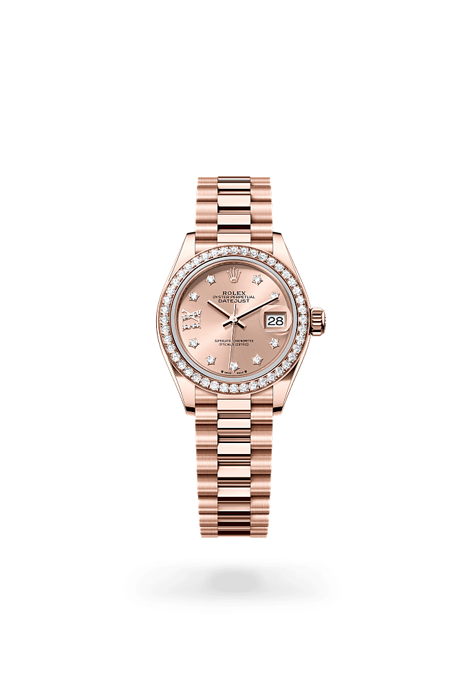 Lady-Datejust, Oyster, 28 mm, Everose gold and diamonds, Dial : Rosé-colour set with diamonds, Rolex