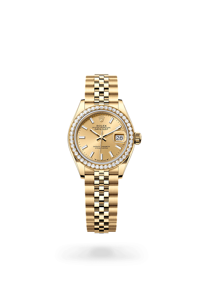Lady-Datejust, Oyster, 28 mm, yellow gold and diamonds, Dial : Champagne-colour, Rolex