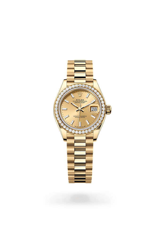 Lady-Datejust, Oyster, 28 mm, yellow gold and diamonds, Dial : Champagne-colour, Rolex