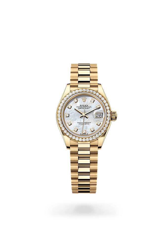 Lady-Datejust, Oyster, 28 mm, yellow gold and diamonds, Dial : White mother-of-pearl set with diamonds, Rolex