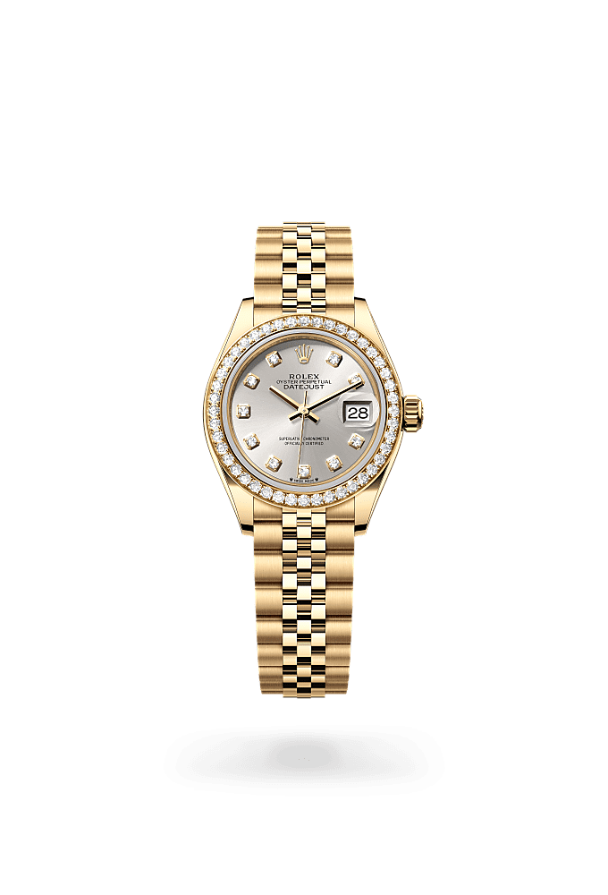 Lady-Datejust, Oyster, 28 мм, желтое золото и бриллианты, Циферблат : Серебристый, бриллианты, Rolex