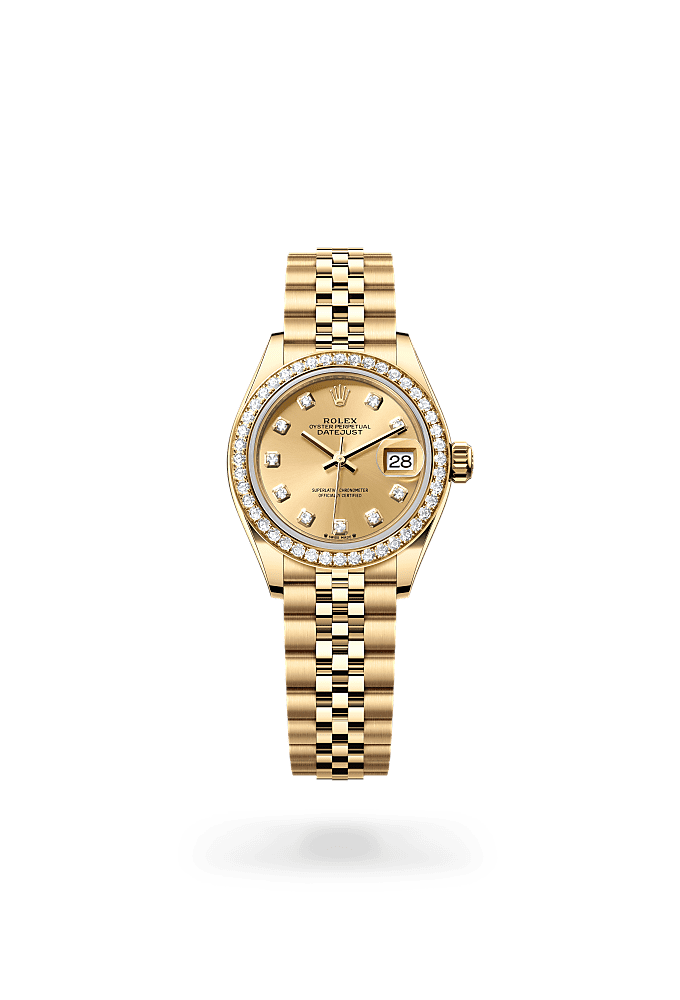 Lady-Datejust, Oyster, 28 мм, желтое золото и бриллиан ты, Циферблат : Цвета шампанского, бриллианты, Rolex
