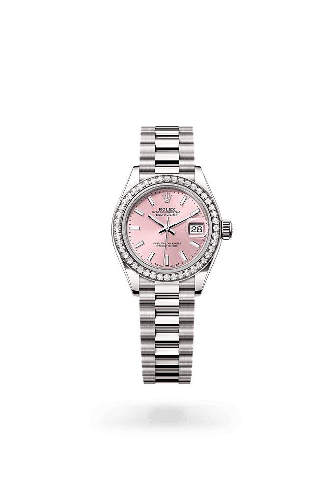 Lady-Datejust, Oyster, 28 мм, белое золото и бриллианты, Циферблат : Розовый, Rolex