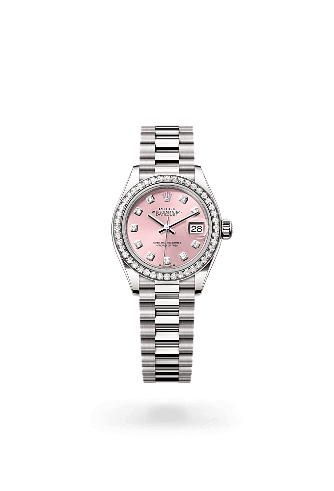 Lady-Datejust, Oyster, 28 мм, белое золото и бриллианты, Циферблат : Розовый, бриллианты, Rolex