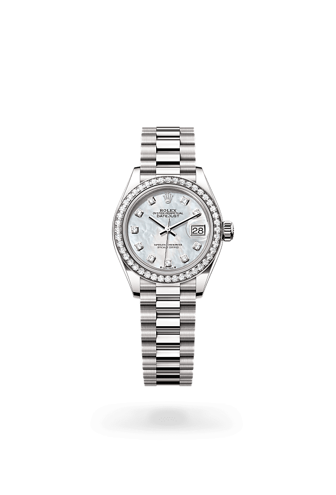 レディ デイトジャスト, オイスター、28 mm、ホワイトゴールド、ダイヤモンド, ダイアル : ダイヤモンド入りホワイトマザーオブパール, Rolex