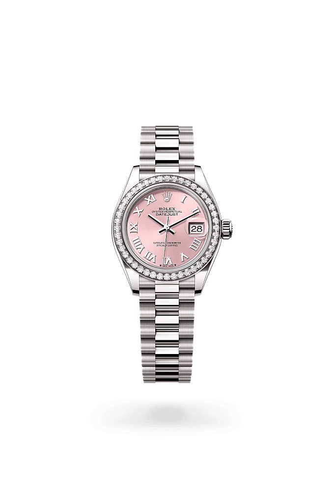 Lady-Datejust, Oyster, 28 мм, белое золото и бриллианты, Циферблат : Розовый, Rolex