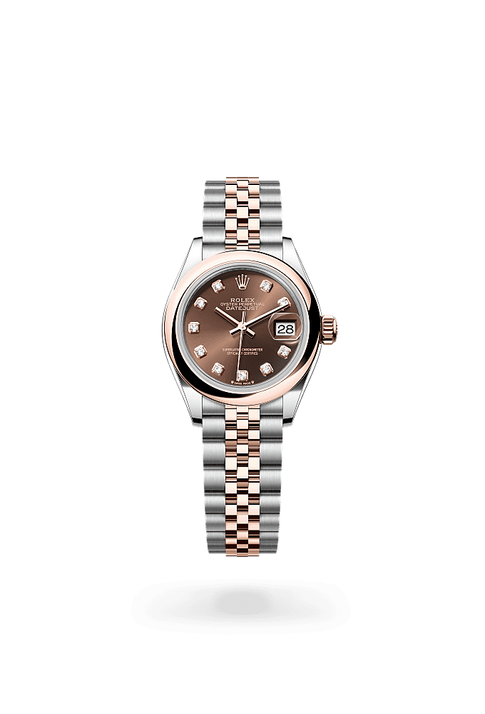 Lady-Datejust, Oyster, 28 mm, Oystersteel dan emas Everose, Dial : Tampilan cokelat dengan berlian, Rolex