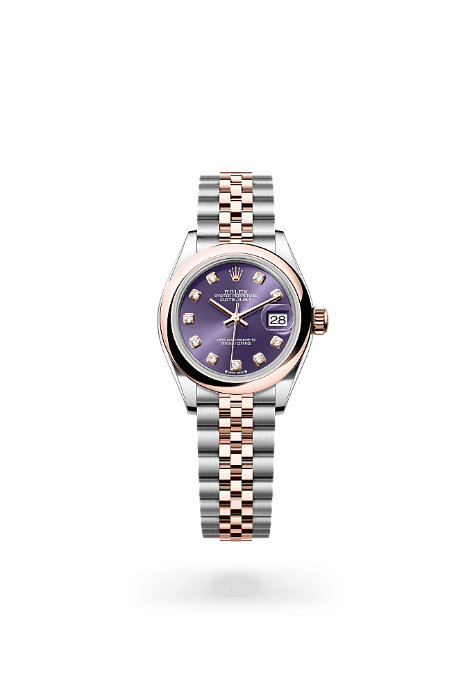 Lady-Datejust, Oyster, 28 mm, Oystersteel and Everose gold, Dial : Aubergine set with diamonds, Rolex