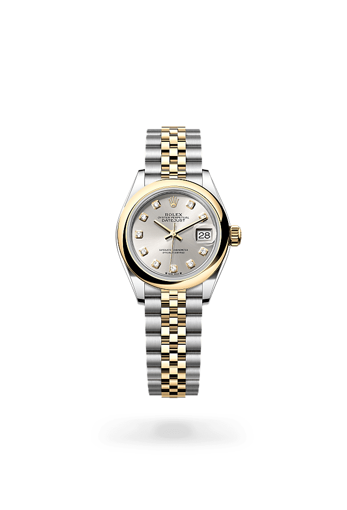Lady-Datejust, Oyster, 28 мм, сталь Oystersteel и желтое золото, Циферблат : Се ребристый, бриллианты, Rolex