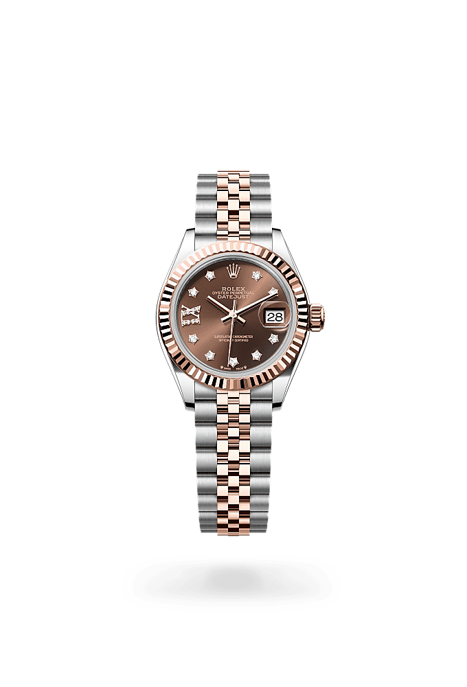 Lady-Datejust, Oyster, 28 mm, Oystersteel dan emas Everose, Dial : Tampilan cokelat dengan berlian, Rolex