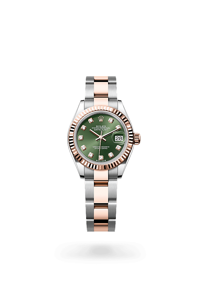 Lady-Datejust, Oyster, 28 мм, сталь Oystersteel и золото Everose, Циферблат : Оливкового цвета, бриллианты, Rolex