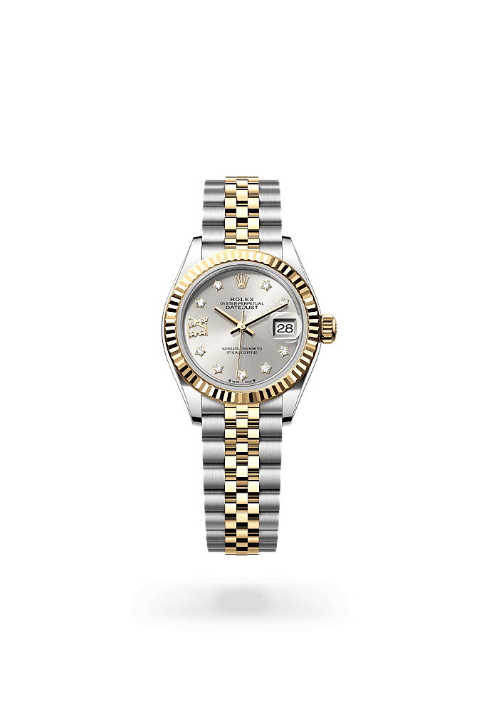 Lady-Datejust, Oyster, 28 мм, сталь Oystersteel и желтое золото, Циферблат : Сер ебристый, бриллианты, Rolex