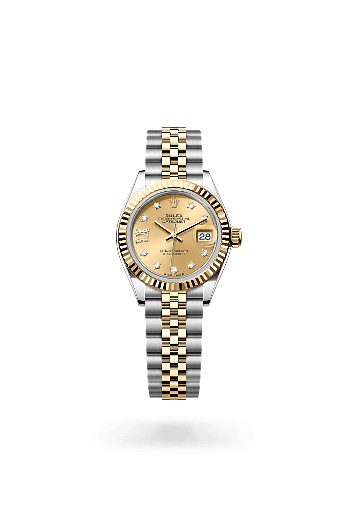 Lady-Datejust, Oyster, 28 мм, сталь Oystersteel и желтое золото, Циферблат : Цвета шампанского, бриллианты, Rolex