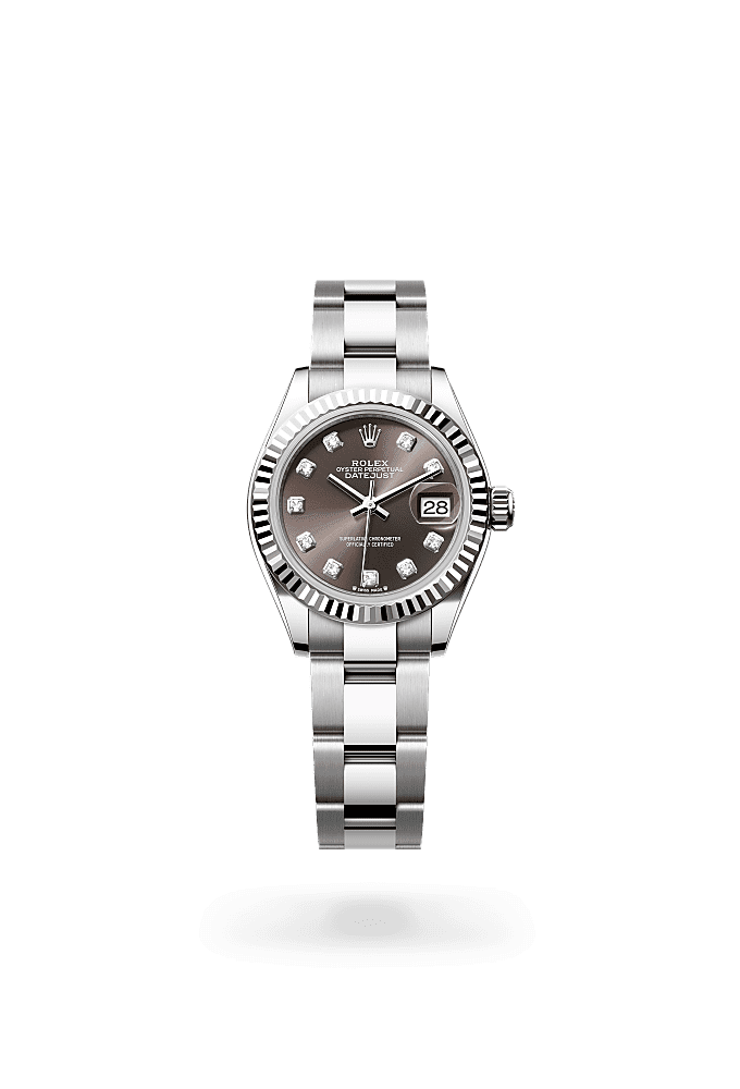 Lady-Datejust, Oyster, 28 мм, сталь Oystersteel и белое золото, Циферблат : Темно-серый, бриллианты, Rolex