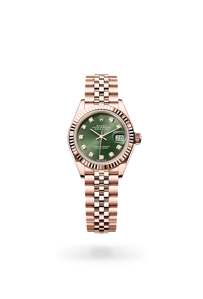 Lady-Datejust, Oyster, 28 мм, золото Everose, Циферблат : Оливкового цвета, бри ллианты, Rolex