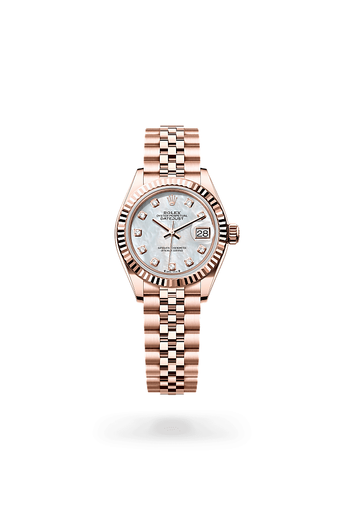 Lady-Datejust, Oyster, 28 мм, золото Everose, Циферблат : Белый перламутровый, бриллианты, Rolex