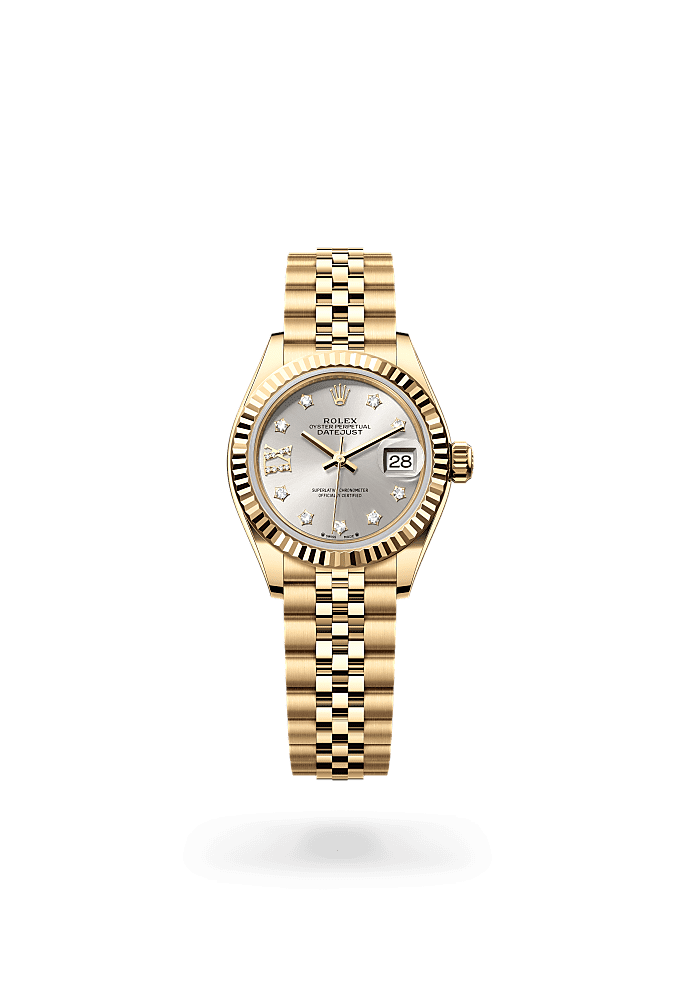 Lady-Datejust, Oyster, 28 мм, желтое золото, Циферблат : Серебристый, брил лианты, Rolex