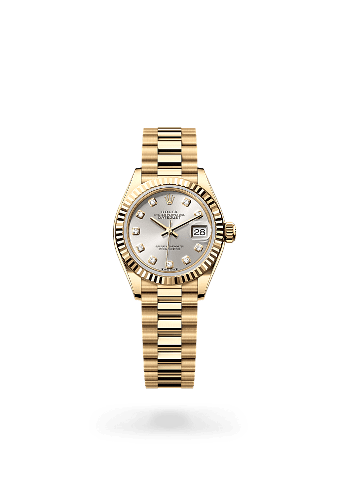 Lady-Datejust, Oyster, 28 mm, yellow gold, Dial : Silver set with diamonds, Rolex