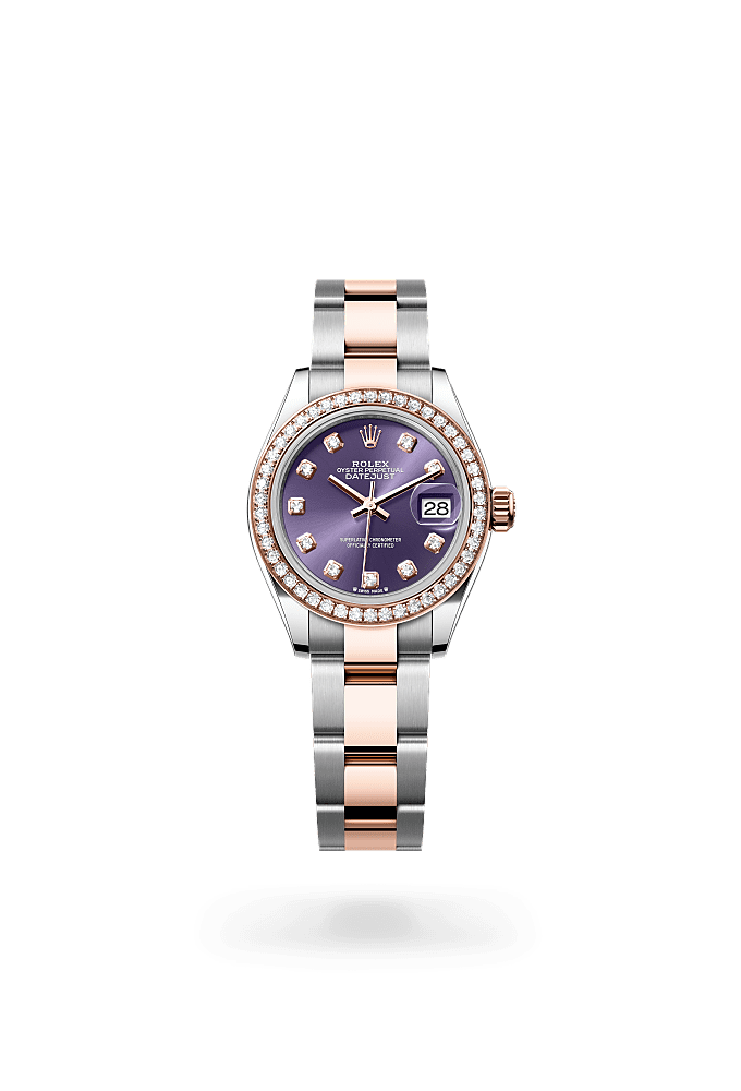 Lady-Datejust, Oyster, 28 mm, Oystersteel, emas Everose dan berlian, Dial : Tampilan aubergine dengan berlian, Rolex