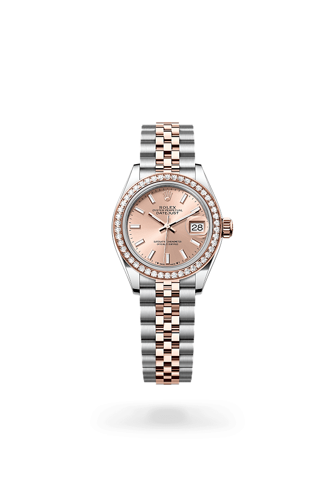 Lady-Datejust, Oyster, 28 mm, Oystersteel, Everose gold and diamonds, Dial : Rosé-colour, Rolex