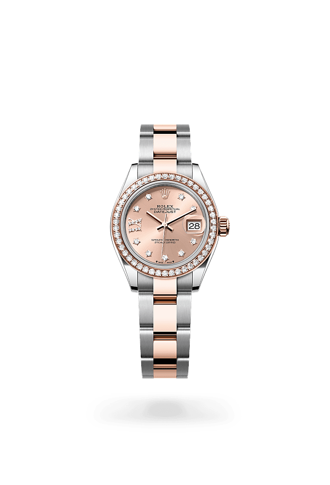Lady-Datejust, Oyster, 28 mm, Oystersteel, Everose gold and diamonds, Dial : Rosé-colour set with diamonds, Rolex