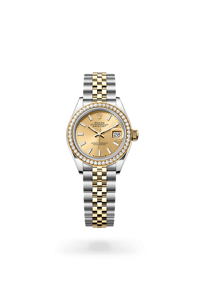 Lady-Datejust, Oyster, 28 мм, сталь Oystersteel, желтое золото и бриллианты, Циферблат : Цвета шампанского, Rolex