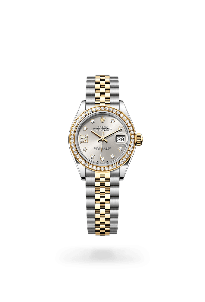 Lady-Datejust, Oyster, 28 мм, сталь Oystersteel, желтое золото и бриллианты, Циферблат : Серебристый, бриллианты, Rolex