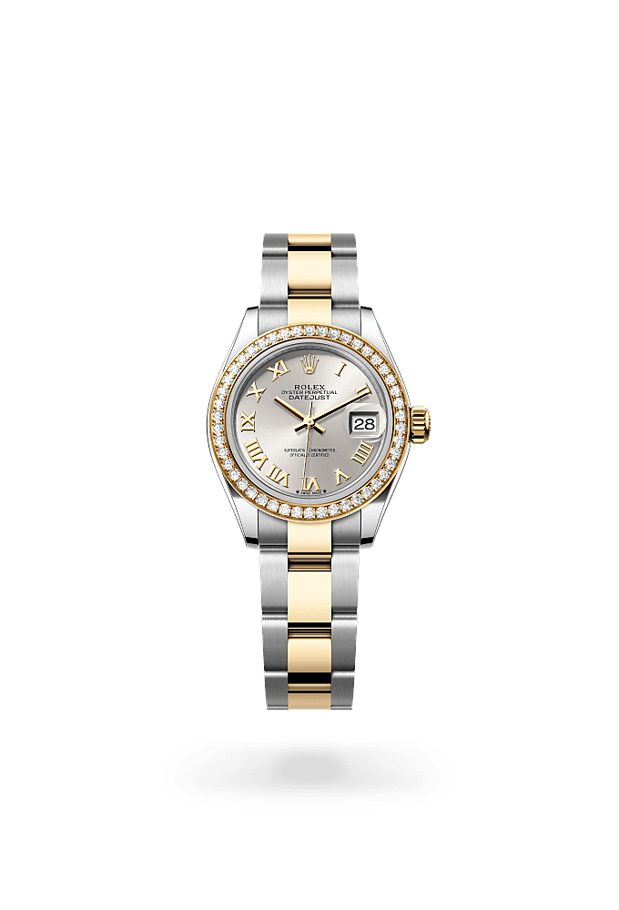 Lady-Datejust, Oyster, 28 мм, сталь Oystersteel, желтое золото и бриллианты, Циферблат : Серебристый, Rolex
