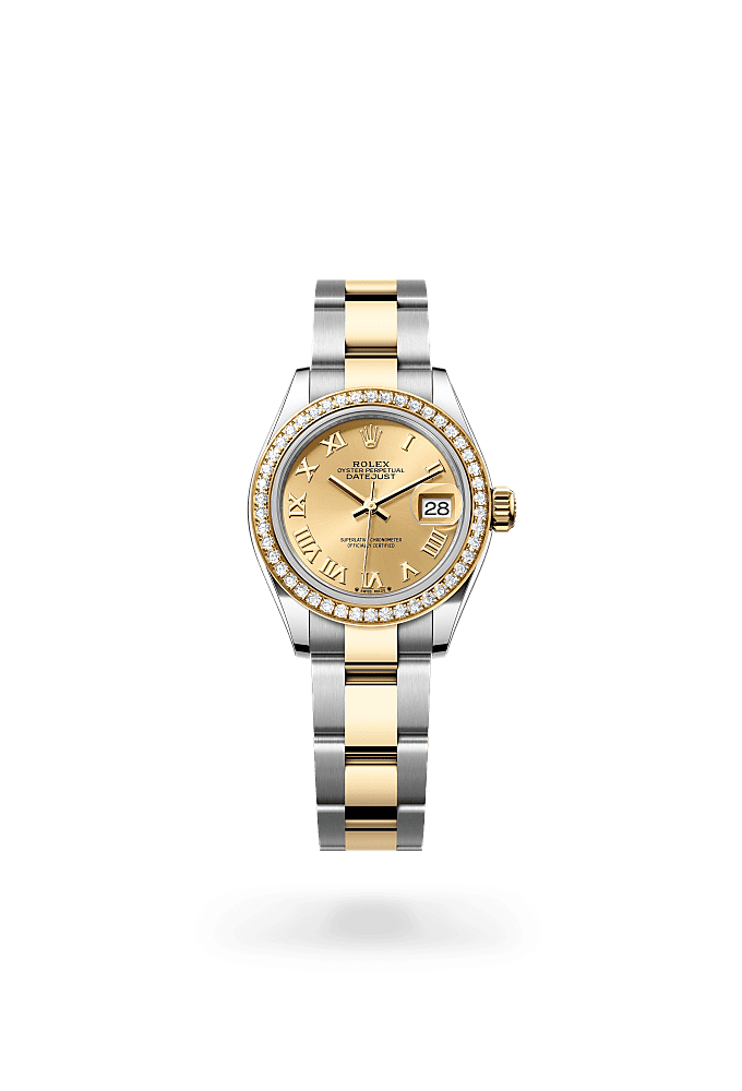 Lady-Datejust, Oyster, 28 мм, сталь Oystersteel, желтое золото и бриллианты, Циферблат : Цвета шампанского, Rolex
