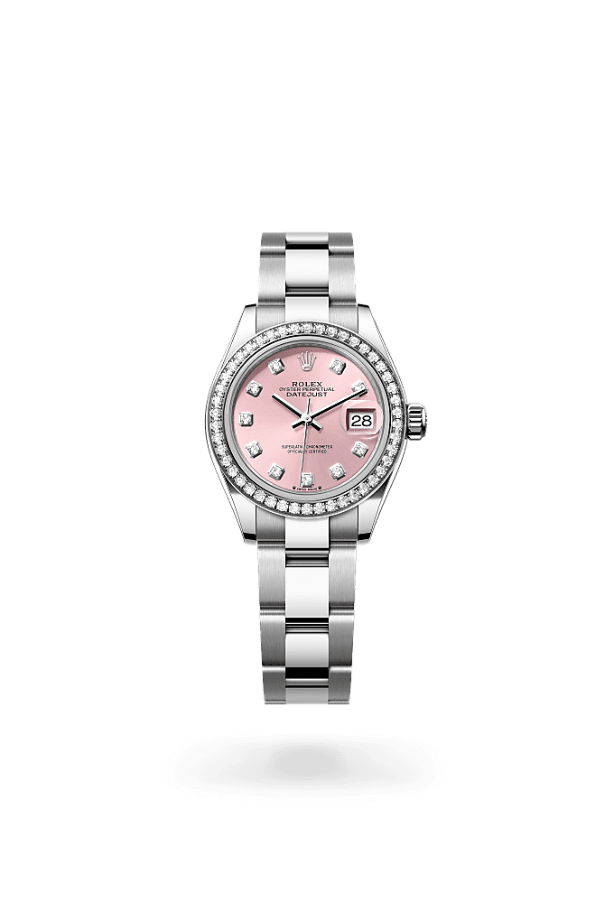 Lady-Datejust, Oyster, 28 мм, сталь Oystersteel, белое золото и бриллианты, Циферблат : Розовый, бриллианты, Rolex