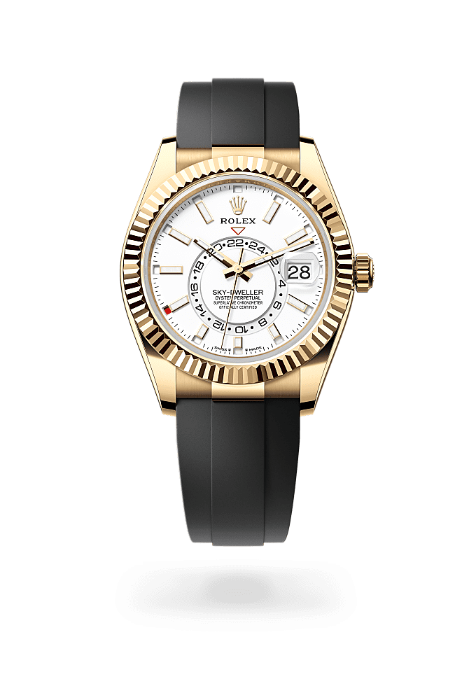 Sky-Dweller, Oyster, 42 mm, geelgoud, Wijzerplaat : Hagelwit, Rolex