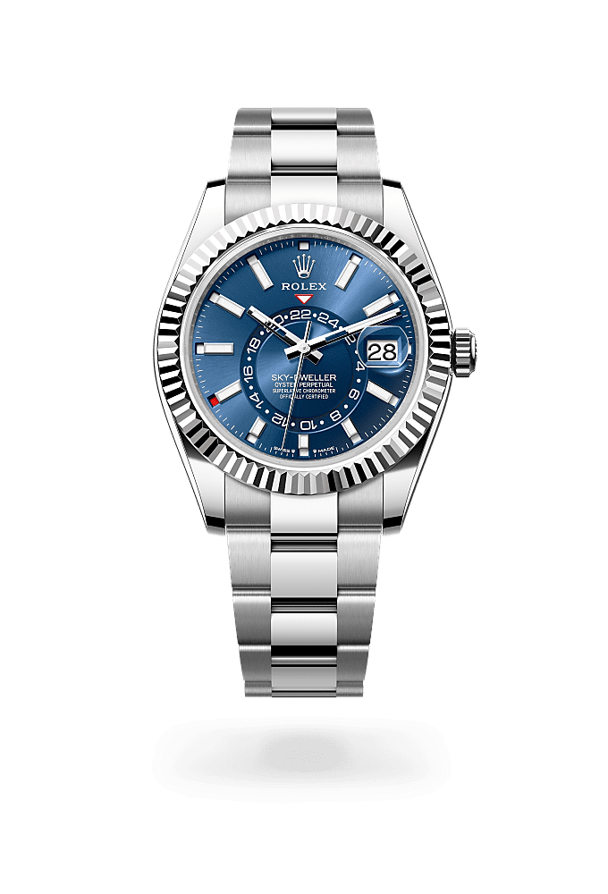Sky-Dweller, Oyster, 42 mm, Oystersteel en witgoud, Wijzerplaat : Helderblauw, Rolex