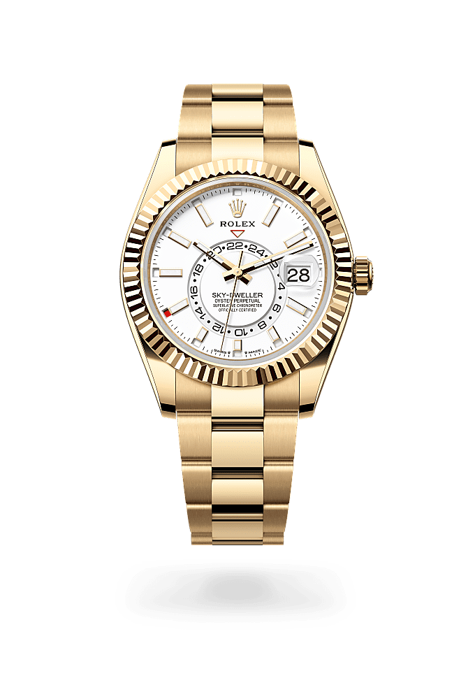 Sky-Dweller, Oyster, 42 mm, geelgoud, Wijzerplaat : Hagelwit, Rolex