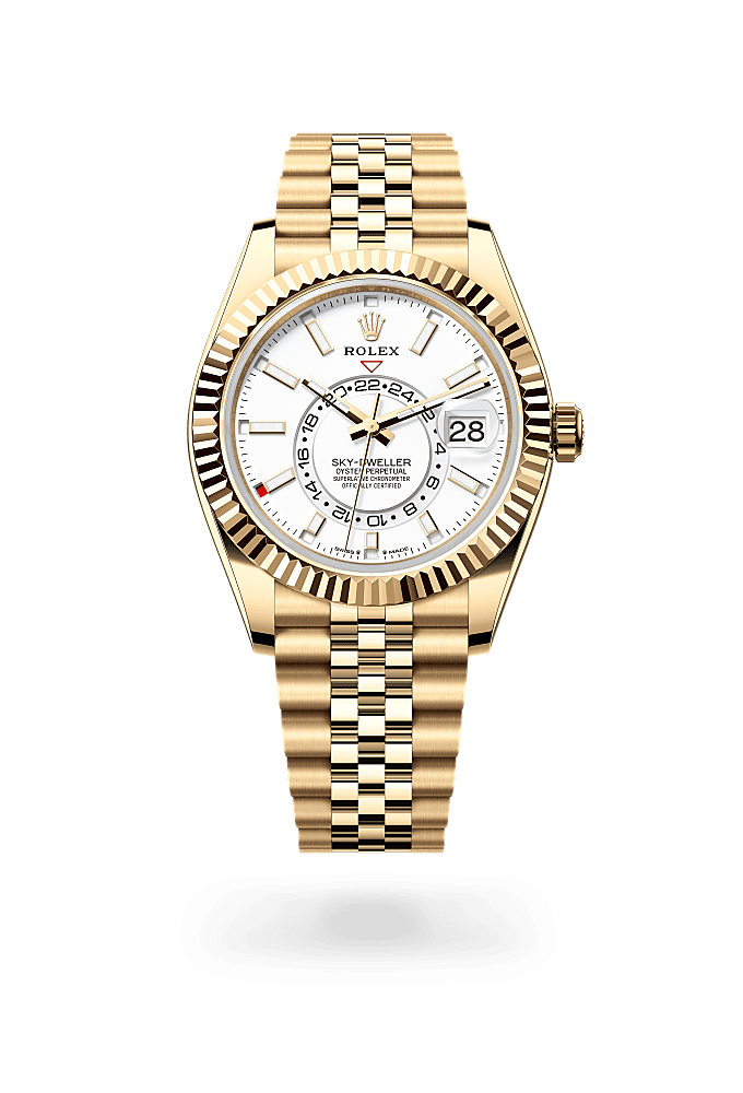 Sky-Dweller, Oyster, 42 mm, geelgoud, Wijzerplaat : Hagelwit, Rolex