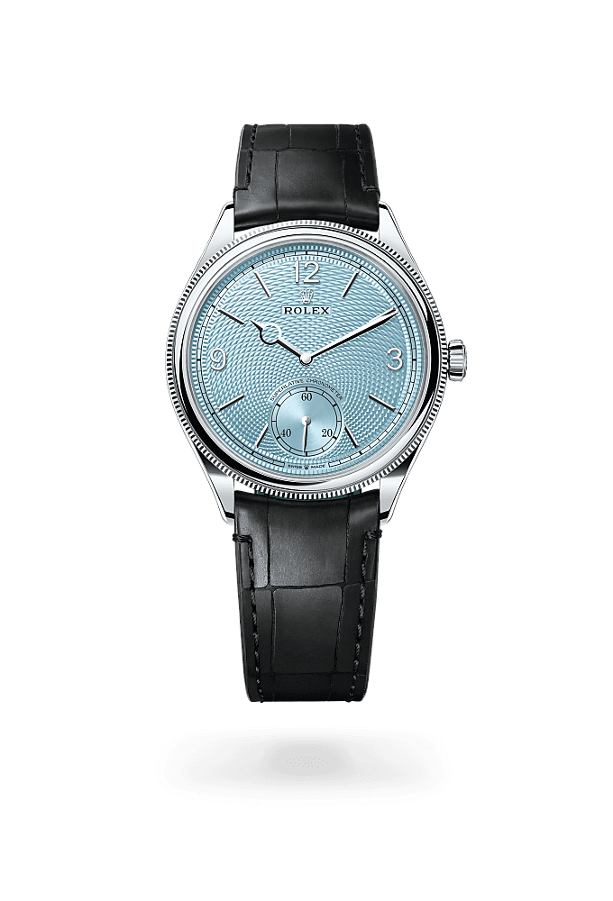 1908, 39毫米，鉑金，磨光效果, 錶面 : 冰藍色，穀粒紋, Rolex