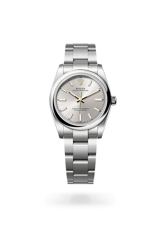 Oyster Perpetual 34, Oyster, 34 mm, acero Oystersteel, Esfera : Plateada, Rolex