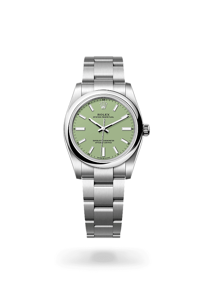 Oyster Perpetual 34, Oyster, 34 mm, Oystersteel, Dial : <i>Pistachio</i>, Rolex