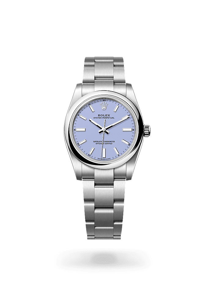 Oyster Perpetual 34, Oyster, 34 mm, Oystersteel, Dial : <i>lavender</i>, Rolex