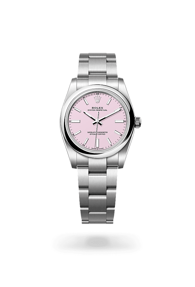 Oyster Perpetual 34, Oyster, 34 mm, Oystersteel, Dial : <i>Candy pink</i>, Rolex