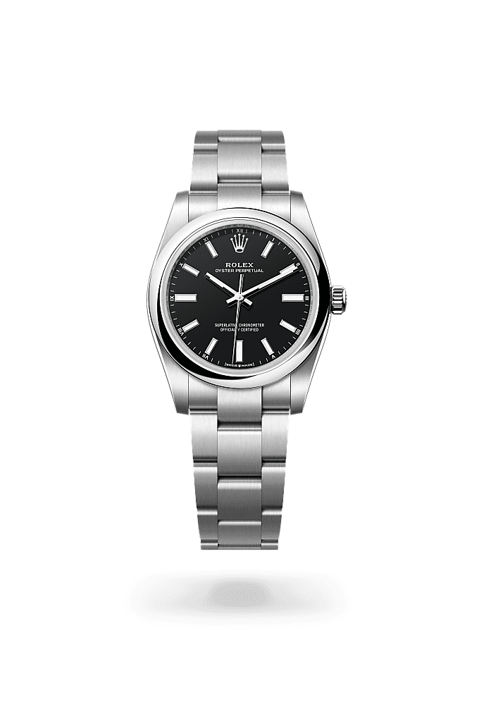 Oyster Perpetual 34, Oyster, 34 mm, Oystersteel, Dial : Hitam, Rolex