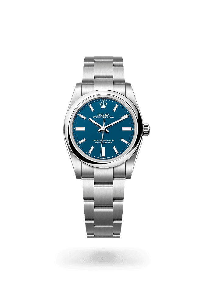 Oyster Perpetual 34, Oyster, 34 mm, Oystersteel, Dial : <i>Med blue</i>, Rolex