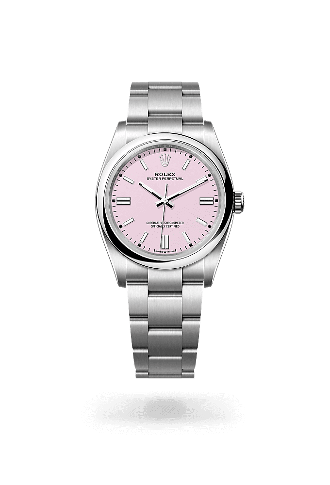 Oyster Perpetual 36, Oyster, 36 mm, Oystersteel, Dial : <i>Candy pink</i>, Rolex