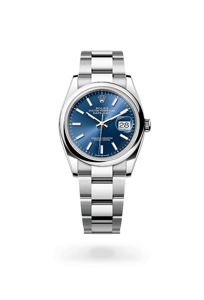 デイトジャスト 36, オイスター、36 mm、オイスタースチール, ダイアル : ブライトブルー, Rolex