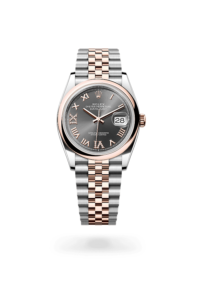 デイトジャスト 36, オイスター、36 mm、オイスタースチール＆エバーローズゴールド, ダイアル : ダイヤモンド入りスレート, Rolex