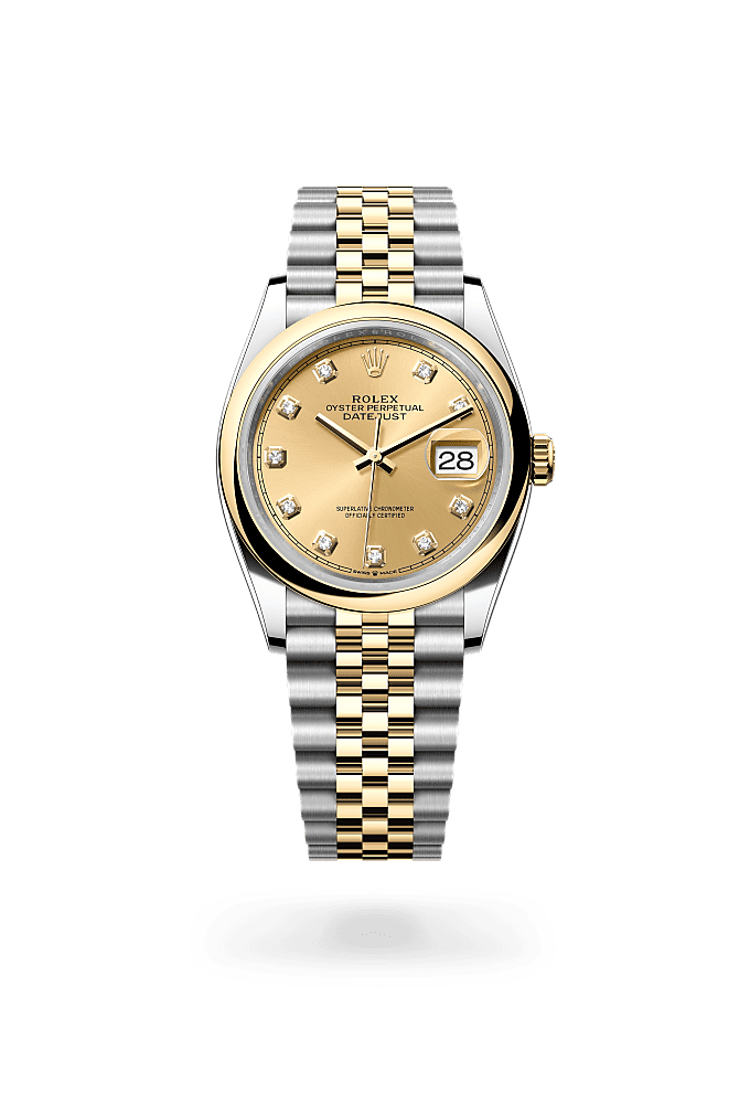 Datejust 36, Oyster, 36 mm, Oystersteel and yellow gold, Dial : Champagne-colour set with diamonds, Rolex