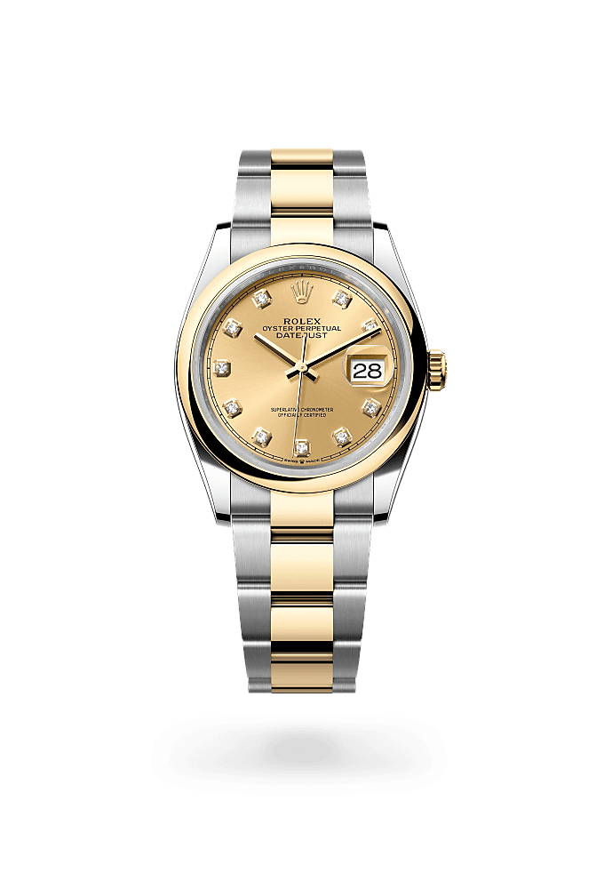 デイトジャスト 36, オイスター、36 mm、オイスタースチール＆イエローゴールド, ダイアル : ダイヤモンド入りシャンパンカラー, Rolex