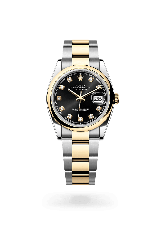 デイトジャスト 36, オイスター、36 mm、オイスタースチール＆イエローゴールド, ダイアル : ダイヤモンド入りブライトブラック, Rolex