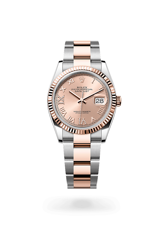 Datejust 36, Oyster, 36 mm, thép Oystersteel và vàng Everose, Mặt đồng hồ : Màu hoa hồng nạm kim cương, Rolex