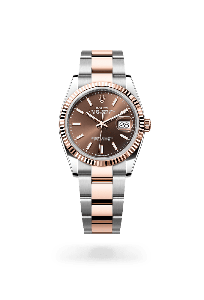 デイトジャスト 36, オイスター、36 mm、オイスタースチール＆エバーローズゴールド, ダイアル : チョコレート, Rolex
